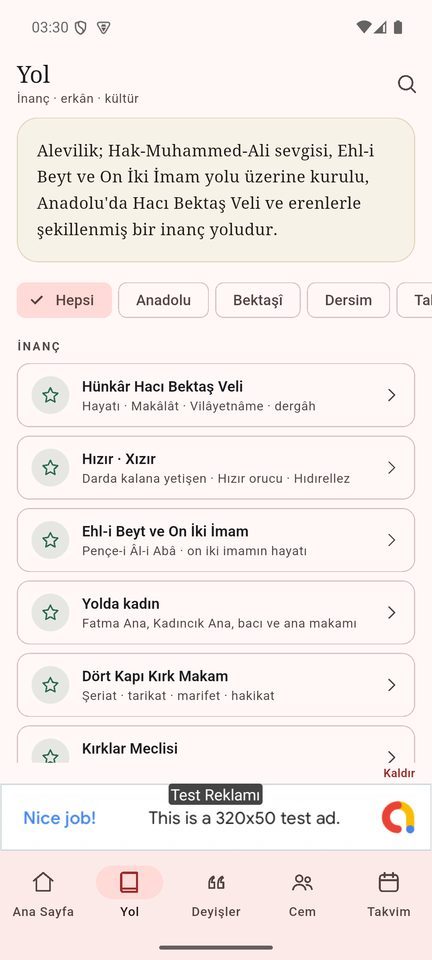 Yol sekmesi: bölüm listesi